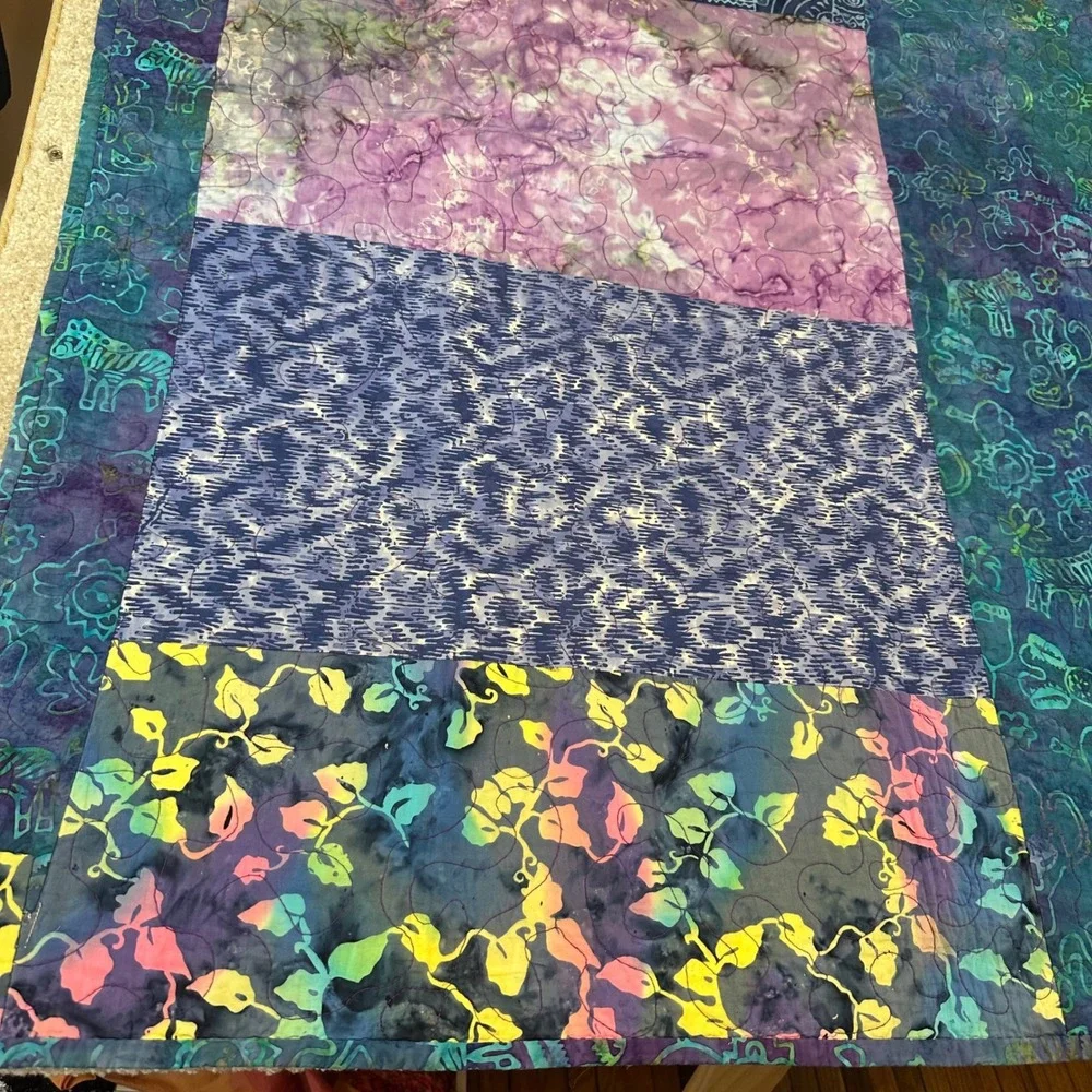 Handmade‎ Batik Animal Patchwork Quilt Blue Purple Pink Nursery Throw Blanket
